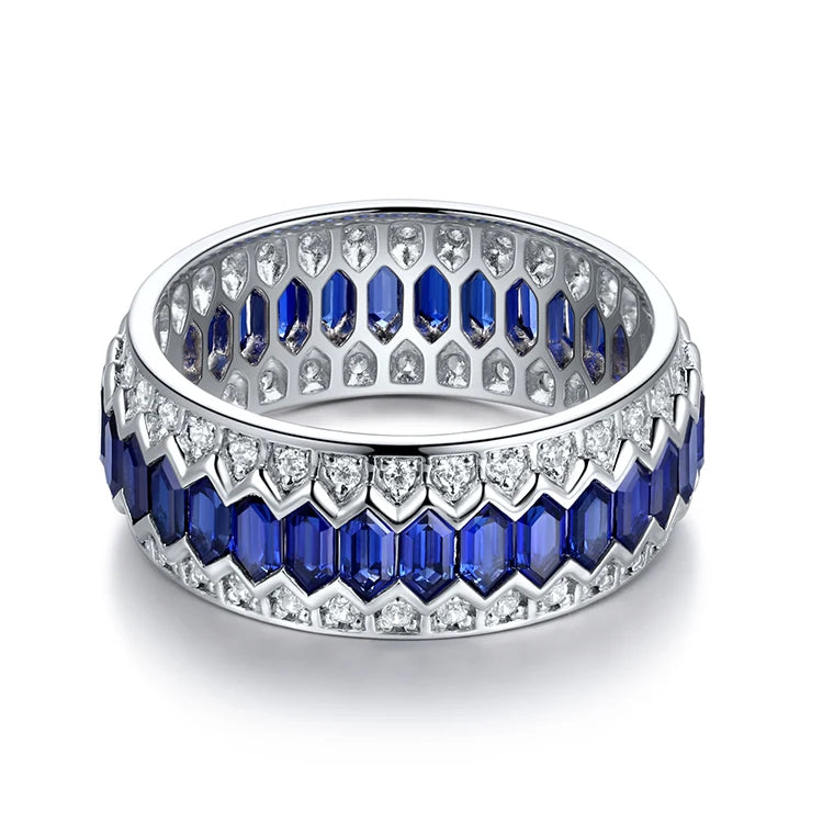 Gemfiori Vivid Blue Lab Grown Sapphire Eternity Band 100% Sterling Silver Ring for Gift Party Jewelry