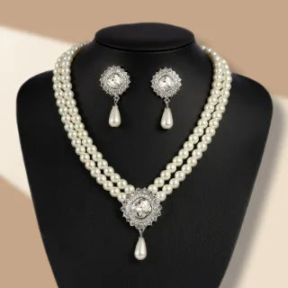 Pearl Flower Multi-Layer Pendant Necklace & Earrings Set | Elegant Silver Occasion Jewellery