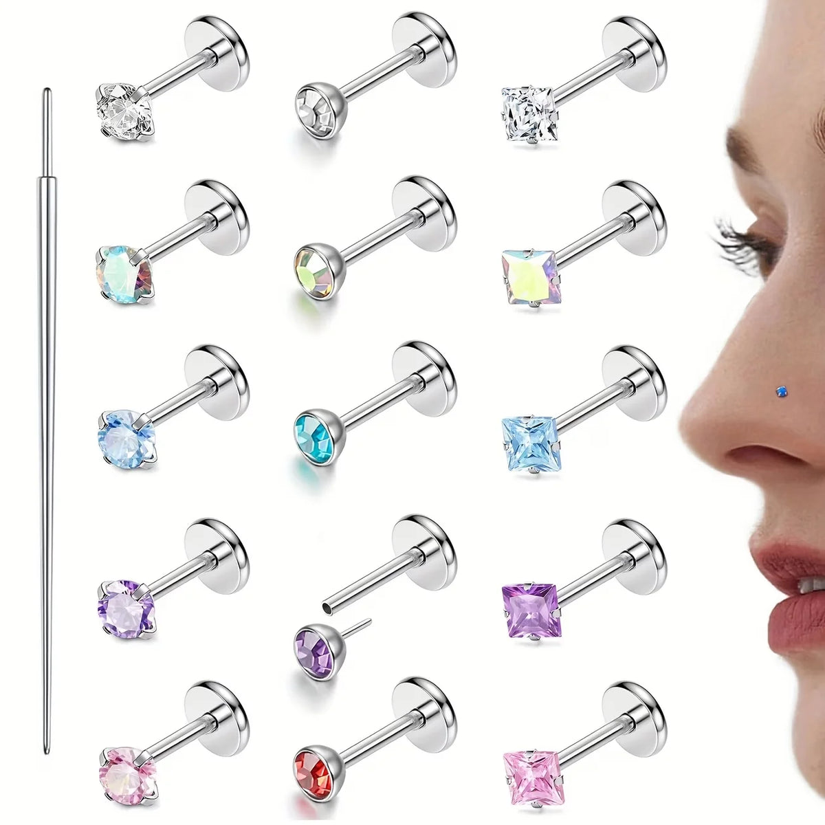 S&S Stainless Steel Heart Zircon Nose Stud Set | 15-Piece | Gold & Silver