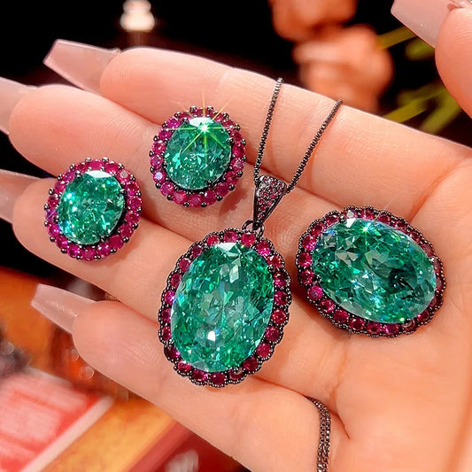 Gemfiori 2025 New High Quality Light Luxury Jewelry Pala Green Zircon Black Gold Premium Set