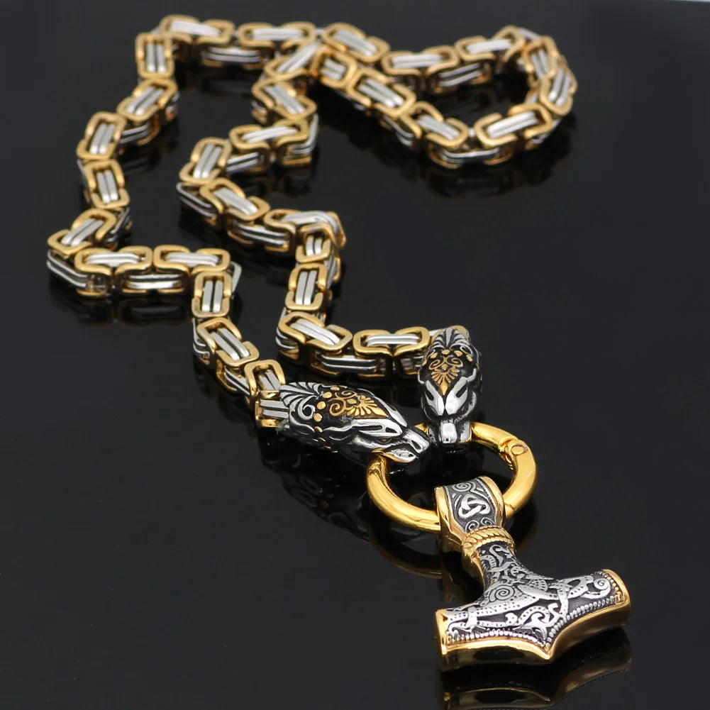 REBEL VIKING Fenrir Wolf Head & Mjolnir Thor Hammer Pendant King Chain Necklace – Stainless Steel