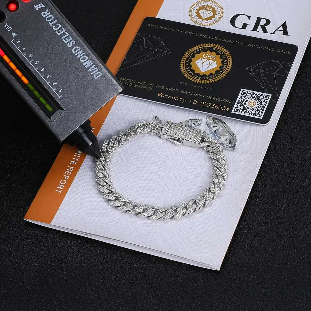 REBEL Fealux Pass Diamond Tester 8mm Two Rows Pass Diamond Tester Iced Out Hip Hop VVS1 Moissanite Cuban Link Chain Necklace Set