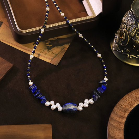 Natural Lapis Lazuli Freshwater Pearl Beaded Necklace for Women Daily Office Banquet Vintage Pearl Necklace Fashion Jewelry