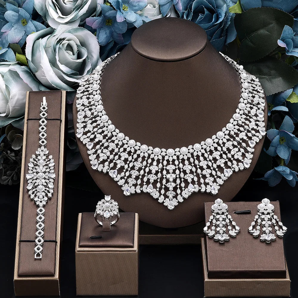 Luxury Zircon Bridal Jewelry Set – Necklace, Earrings, Ring & Bracelet