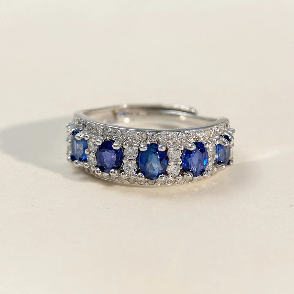 Gioiellieri Blue Sapphire Row Ring with Natural Multi Stone for Women S925 Sterling Silver Fine Jewelry Eternity Cluster Ring Gift Idea Her