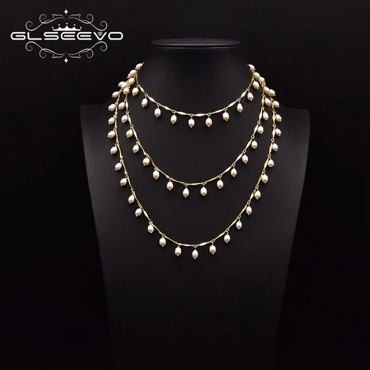 Natural Freshwater Pearl Long Necklace Women's Wedding Personalized Adjustable Length Chain Jewelry Accessories