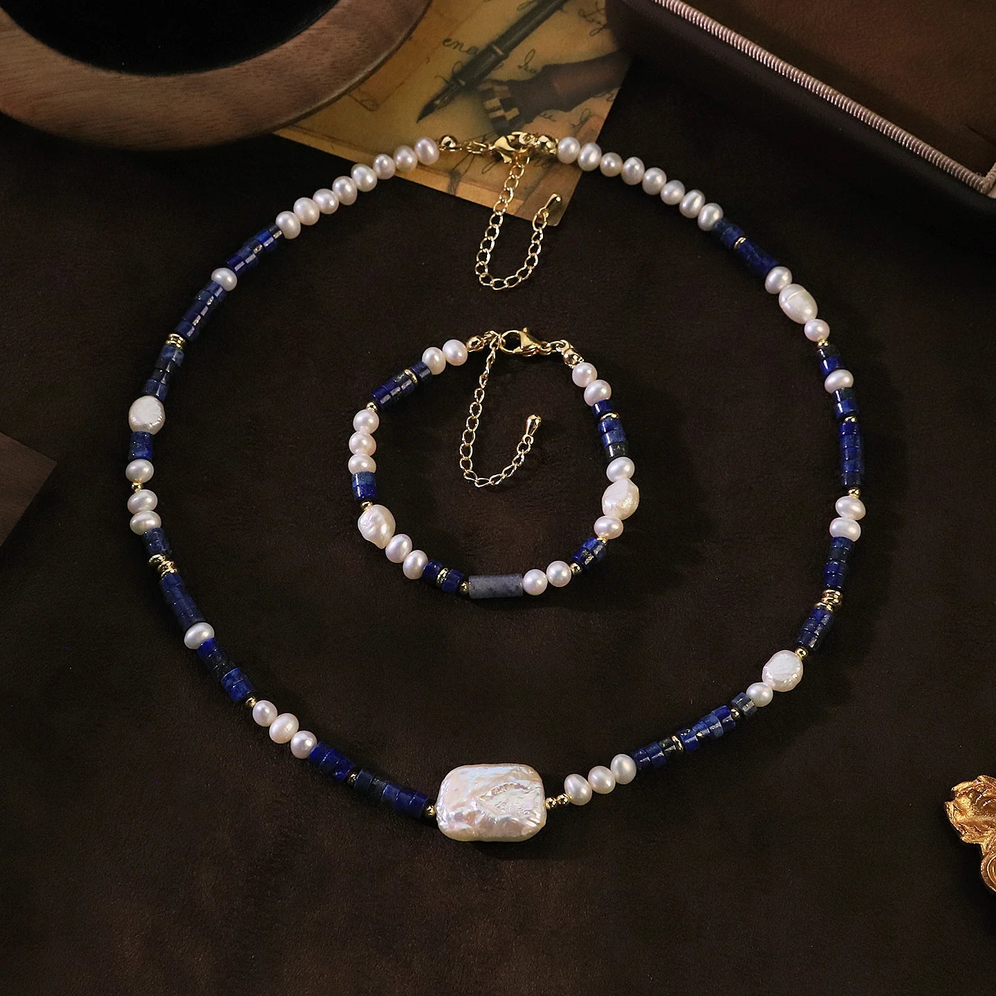 GLSEEVO Natural Freshwater Baroque Pearl & Lapis Lazuli Necklace & Bracelet Set — Bold Statement Jewellery