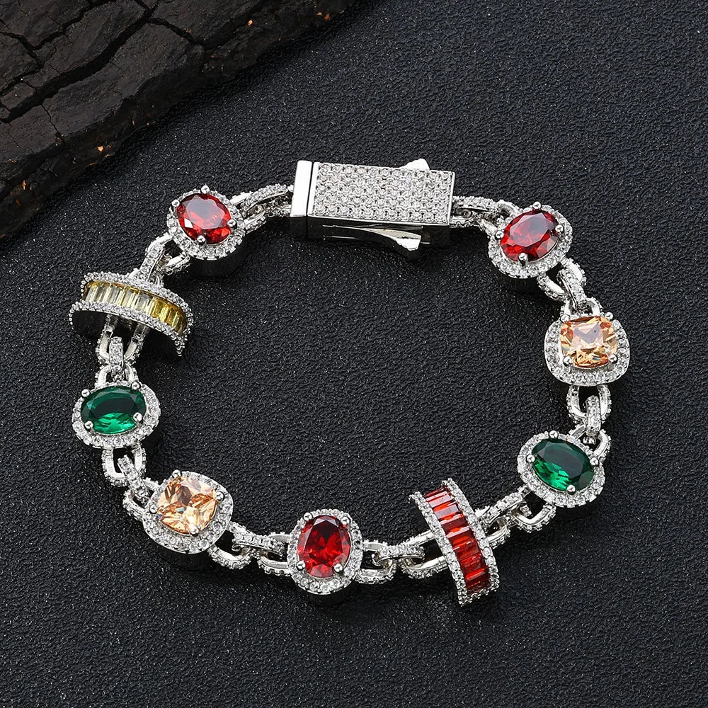 FASHIONISTA Hip Hop Style Colorful Gemstone Bracelet Sparkling Zircon Chain Unisex Gold Plated Brass Charm Bracelet Fashion for Men Women