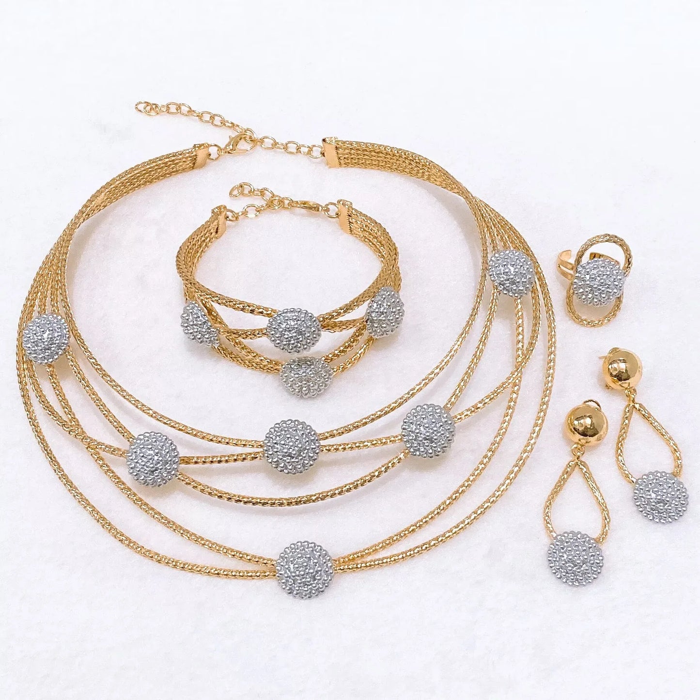 Zhuerrui Gold Plated Multi Layer Jewelry Set Model Diamond Ball Elegant Necklace Bracelet Earrings Ring for Women X00131