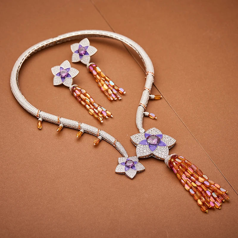 Four Flower Tassel Necklace Earring Set Brass Enamel Craftsmanship Retro Luxury Women's Evening Dress Jewelry