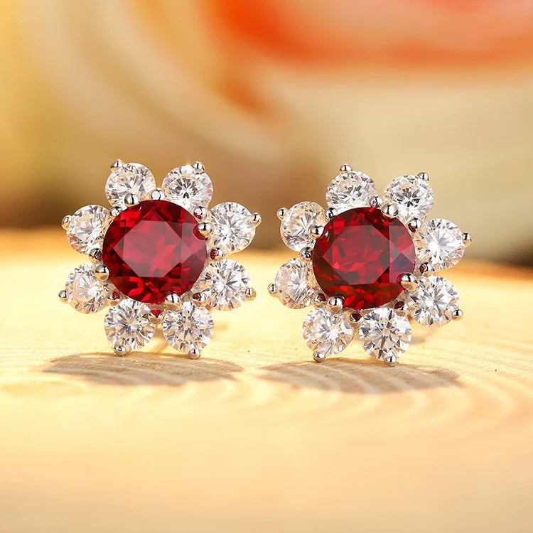 Gemfiori Factory Price Earrings with Great Discounts Vintage Flower Earrings Ruby 925 Sterling Silver Hoop Drop Earrings for GiftJewelry