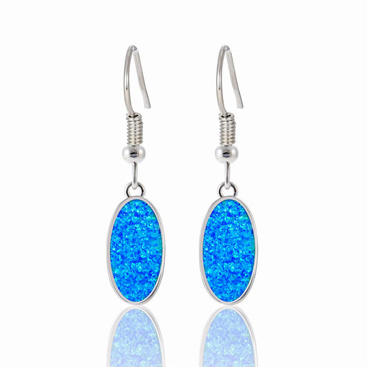 Geometric Opal Drop Earrings - Blue Fire Opal Solitaire & CZ Accent Design | Elegant Formal Jewelry Bulk Gifts