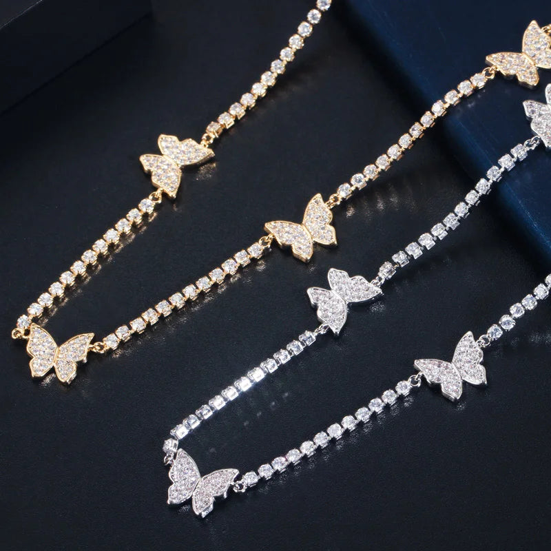 3 Piece Bright Cubic Zircon Crystal Silver Color Lovely Butterfly Ladies Jewelry Bridal Choker Necklace Earrings Bracelet Sets