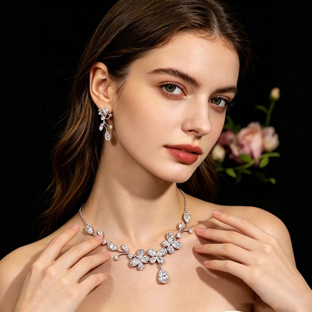 XM S310 Zircon Floral Branch Bridal Necklace & Drop Earrings Set