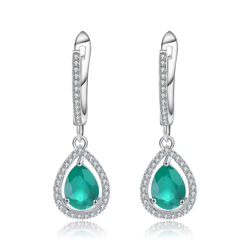 ArtistA Delicate Elegant 925 Sterling Silver White CZ Natural Pear Green Agate Stone Halo Earrings Stone Drop Earrings Jewelry