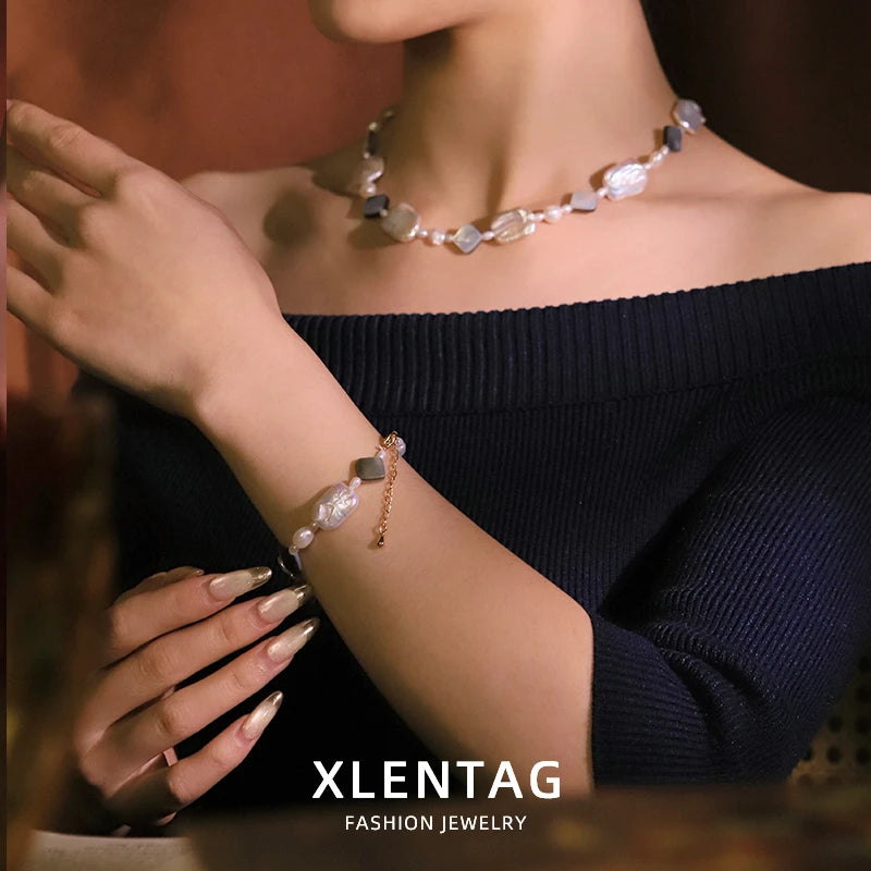 GLSEEVO Natural Freshwater Baroque Pearl Jewelry Set for Mother's Day Gift Rectangle Pearl Necklace Bracelet Luxury Jewelry
