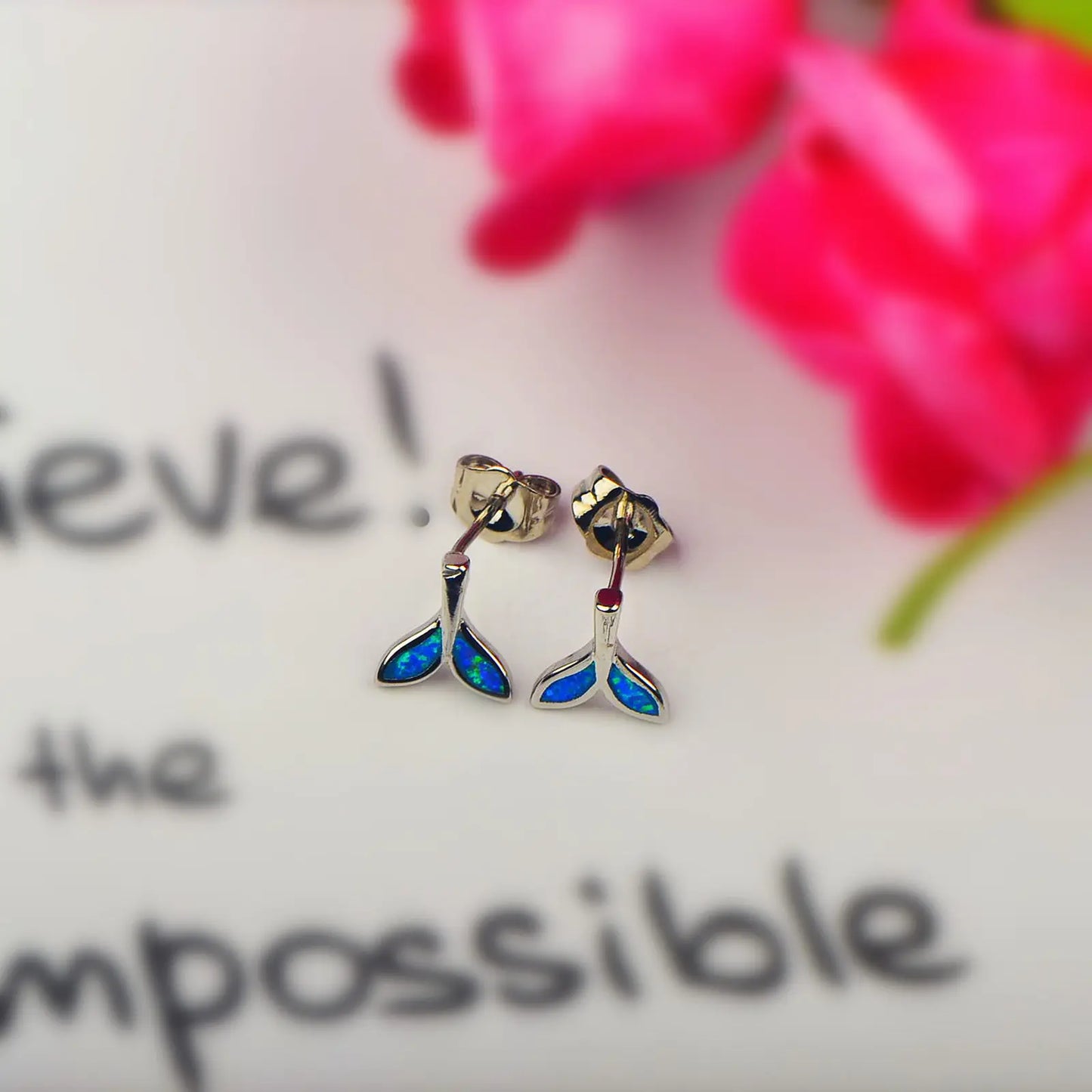 Hawaiian Trendy Whale Tail Studs   Sparkling Blue Opal Earrings Cute Ocean Theme Jewelry