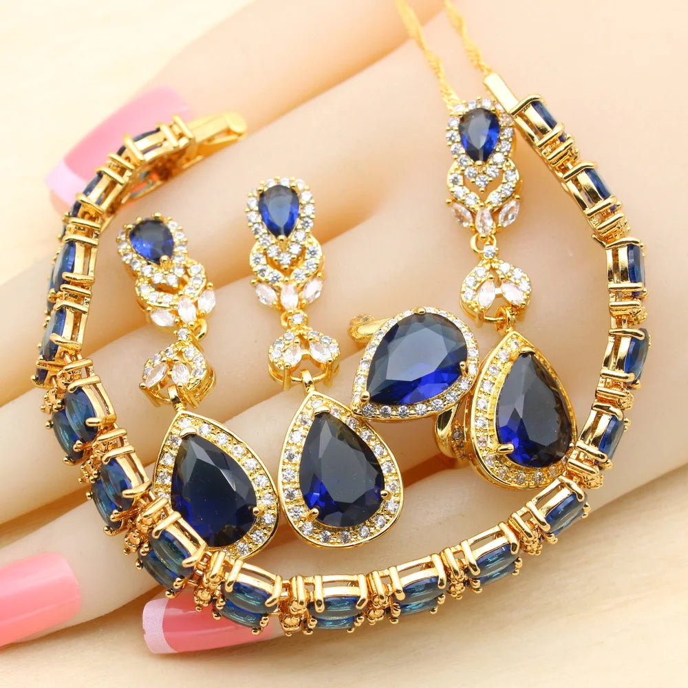 XOTICA 2023 Women's Gold Jewelry Set with White Zircon Wedding Party Engagement Bracelet Earrings Necklace Pendant Ring Gift