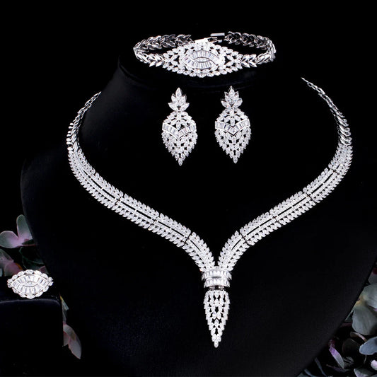 4pcs Elegant Luxury Shiny Cubic Zirconia Women Wedding Costume Necklace Earring Ring Festival Brides Jewelry Sets Accessories
