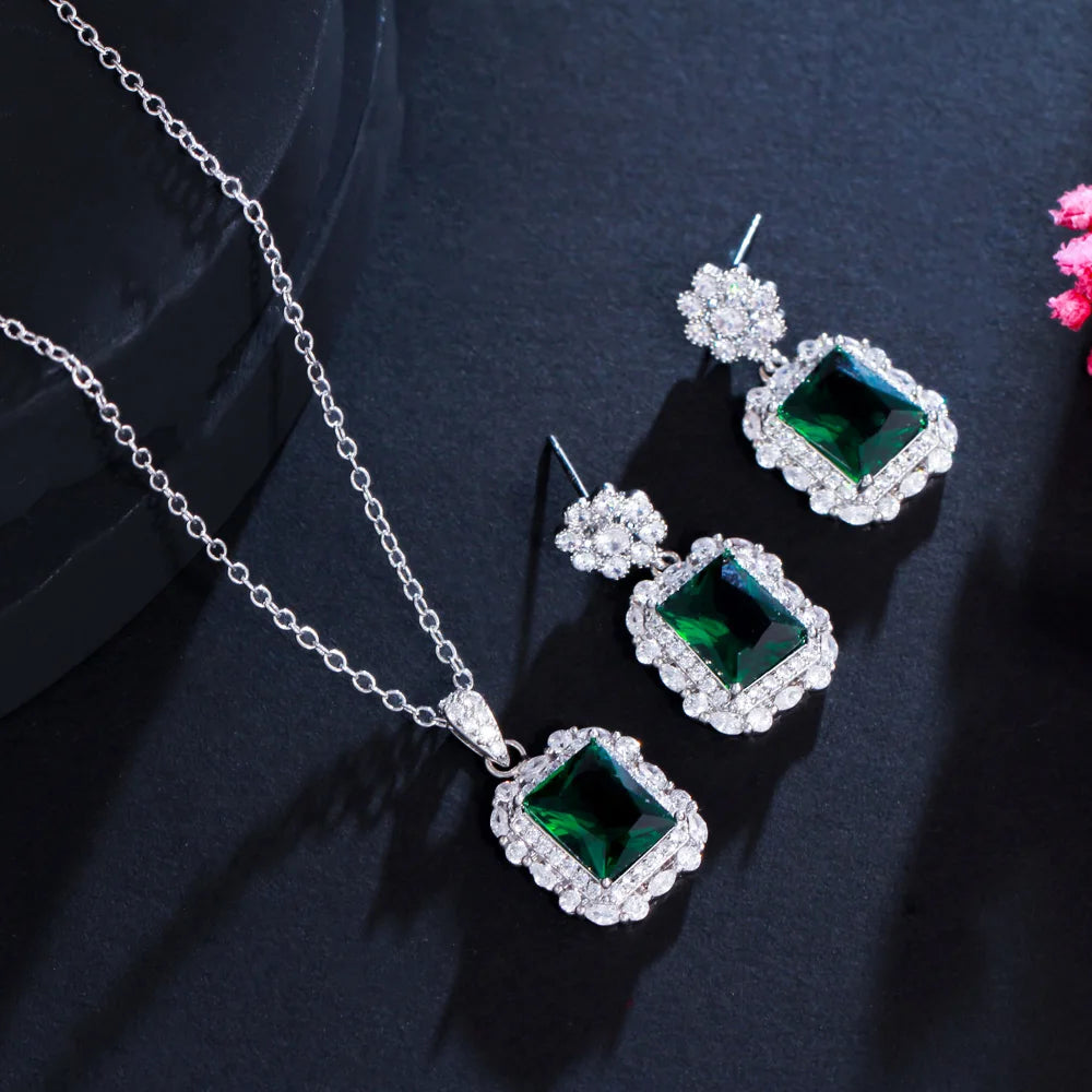 S&S Flower & Square CZ Necklace & Earrings Set – Yellow, Green & Pink – Collection