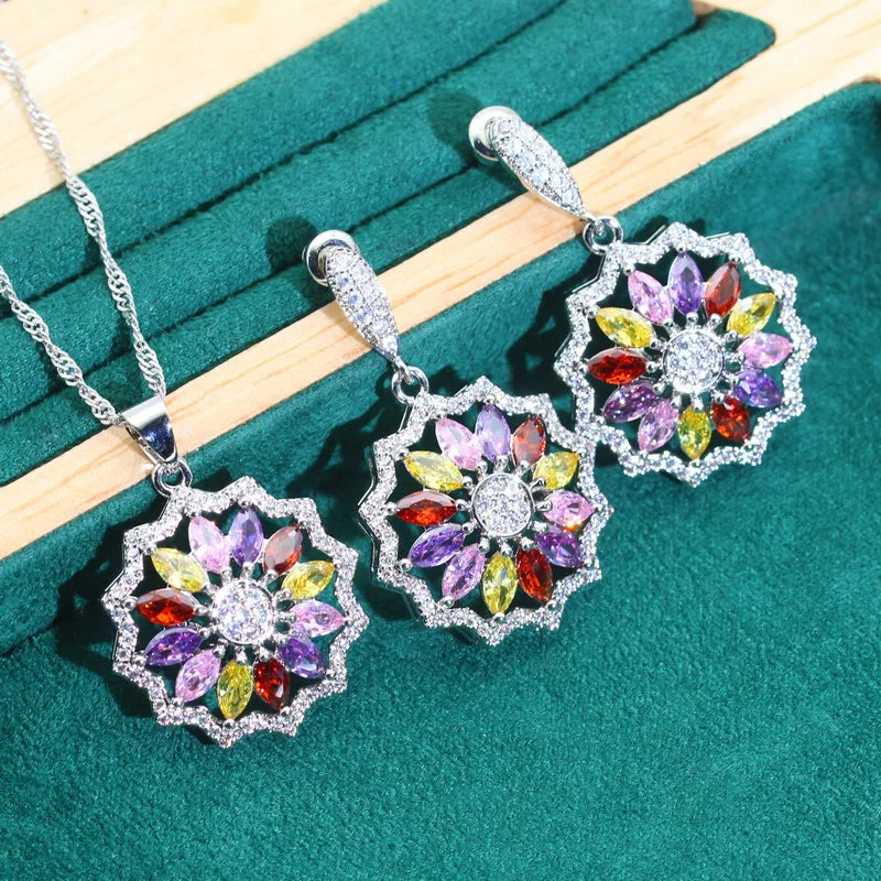 XOTICA Multicolor Zircon 925 Sterling Silver Jewelry Set for Women for Wedding Parties Bracelet Earrings Necklace Pendant Ring