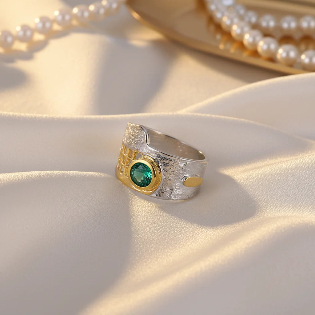 Synthetic Green Spinel Hollow Design 925 Sterling Silver Jewelry Ring with Yellow Gold Plated