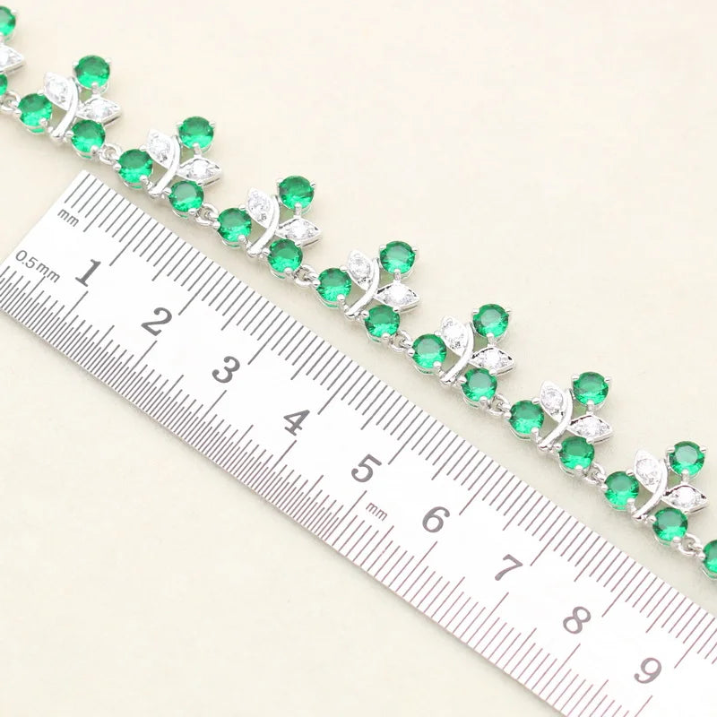 Luxurious 925 Sterling Silver Bridal Custom Jewelry Sets Green Semi-Precious Stone Classic Necklace Earrings Bracelet Wedding