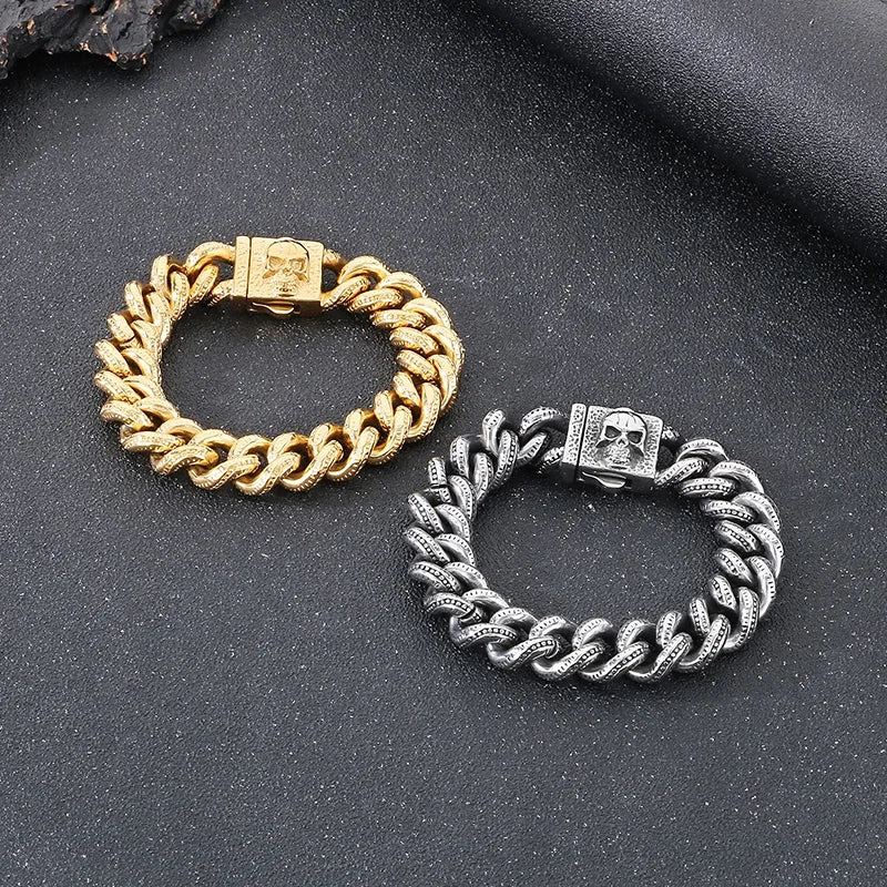KALEN Punk Fine Jewelry Fashion Bracelets Men Cuban Style Stainless Steel Skull Links Bracelet Bangle