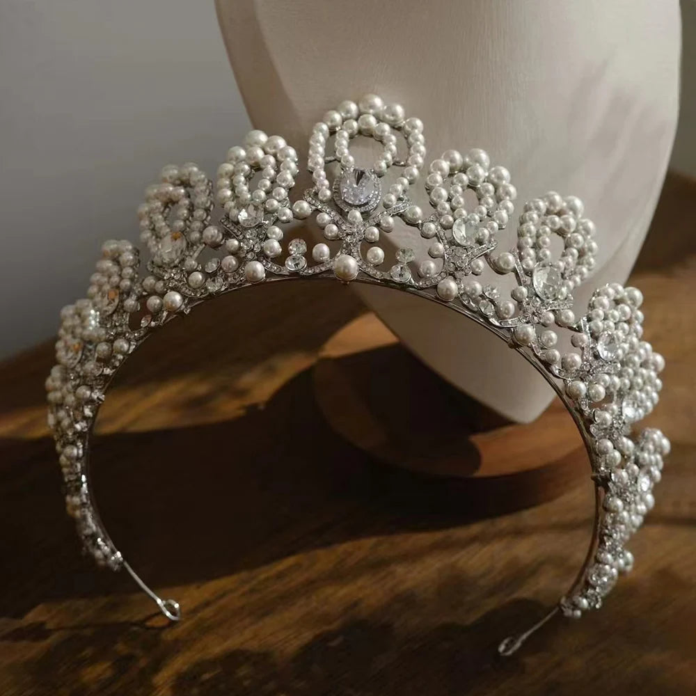 Japanese Korean Wedding Zircon Pearl Crown Princess Headdress Vintage Tiara Bridal Elegant Hair Accessory