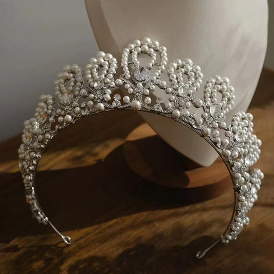 Japanese Korean Wedding Zircon Pearl Crown Princess Headdress Vintage Tiara Bridal Elegant Hair Accessory