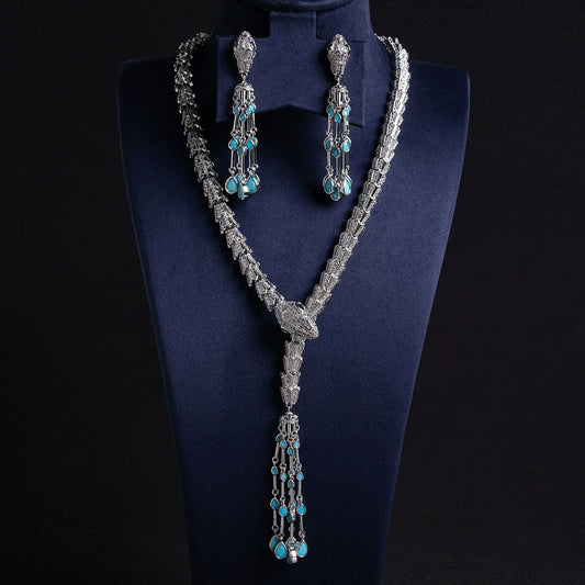 Luxury Pear-Cut Zirconia Snake Tassel Necklace & Earrings Bridal Set — Rhodium Plated