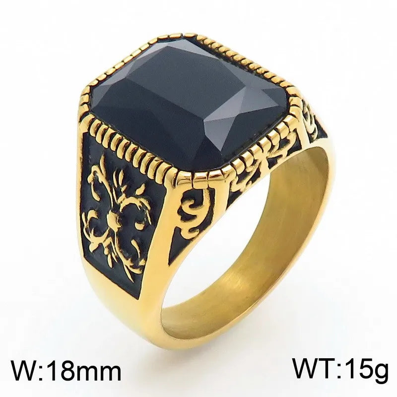 Kalen Vintage Viking Jewelry Luxury Court Style Gemstone Carved Zircon Inlays Stainless Steel Men Rings