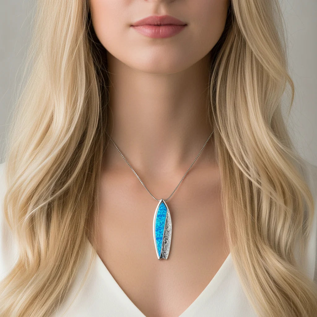 Hawaii Beach Surfboard Women's Lab Created Blue Opal Silver Plated Copper Alloy Box Chain Necklace for Anniversary