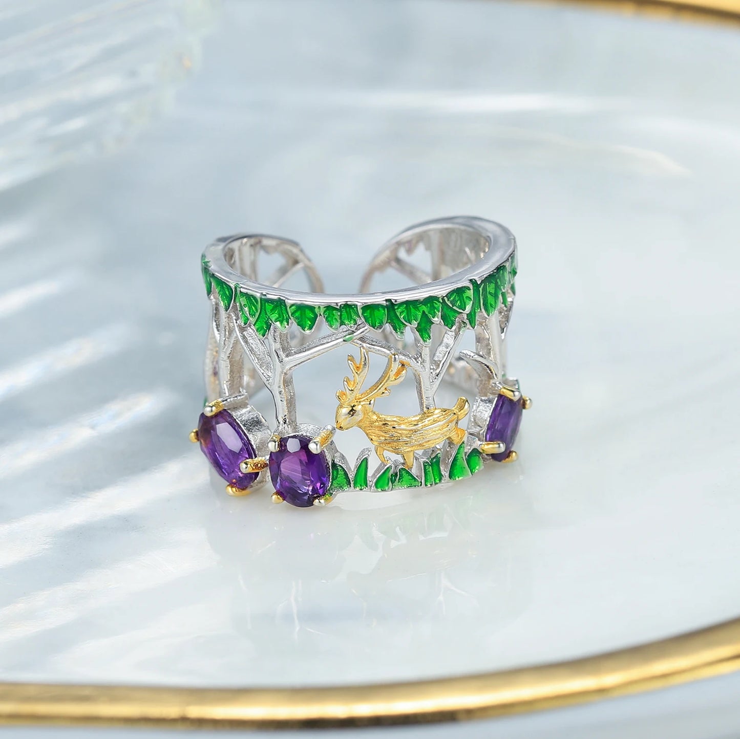 C8186 Abiding Jewelry Fashion Oval Cut 4X6mm Natural Amethyst Deer Ring Wedding Jewelry 925 Sterling Silver Set