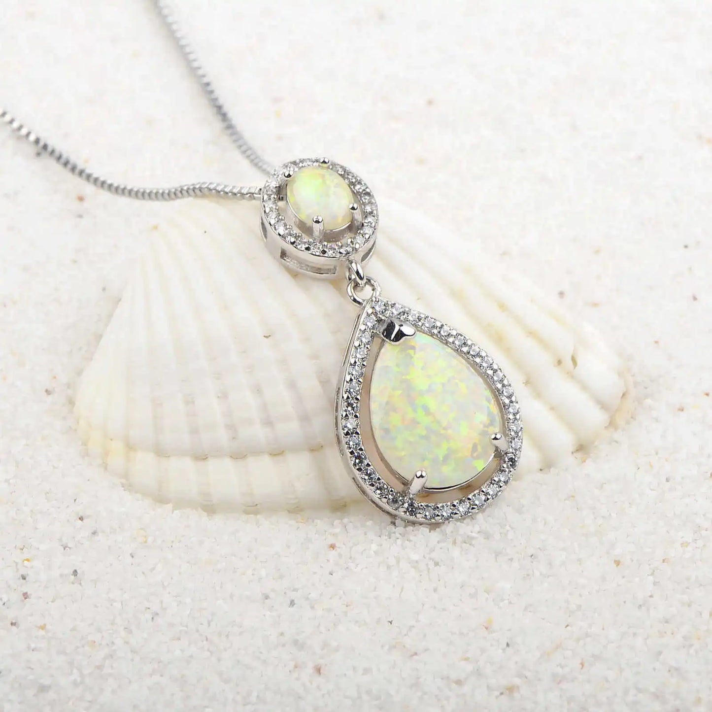 Silver Plated Lab Created White Opal Teardrop Necklace Design Sweater Chain Ocean Pendant Trendy Gift