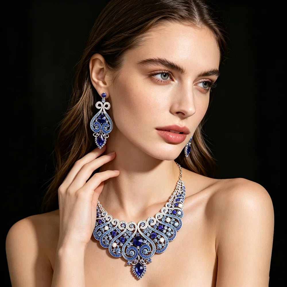 Luxury Princess-Cut Zirconia & Pearl Floral Statement Necklace & Drop Earrings Bridal Set — Gold Plated