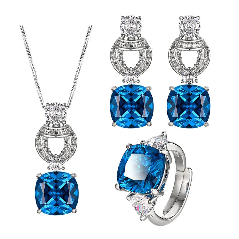 Fashion Elegant Eco-friendly Copper 12*12mm Blue Zircon Brass Pendant Earrings Set Jewellery Sets for Women High Quality