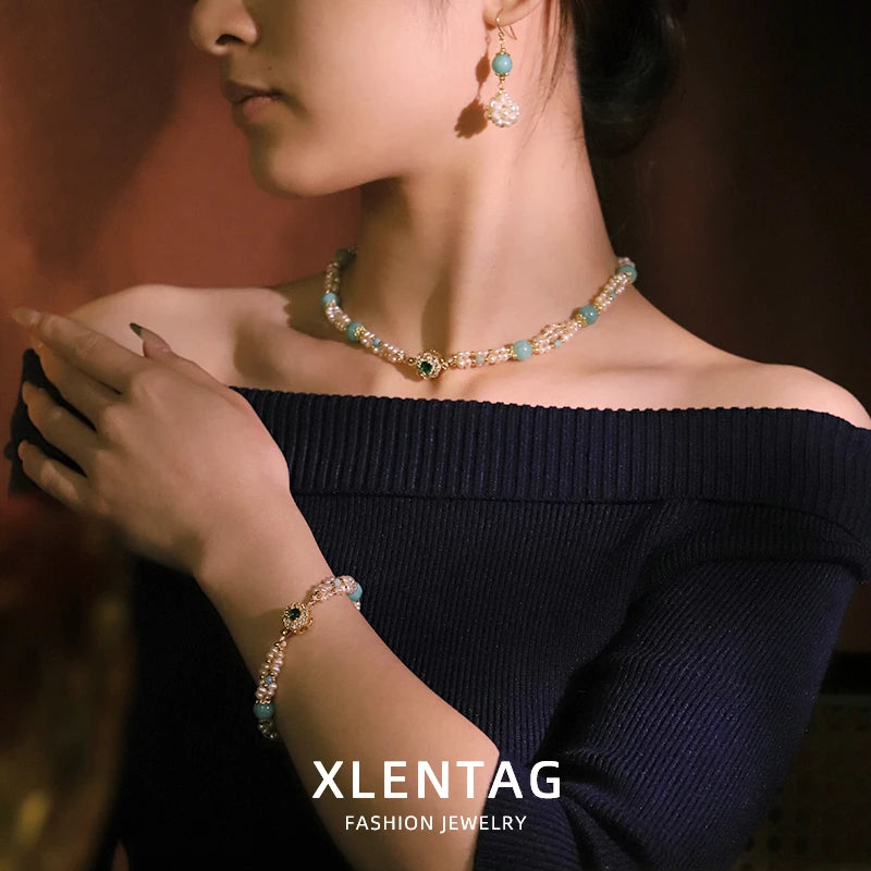 GLSEEVO Natural Freshwater Pearl & Green Stone Jewelry Set | Necklace & Bracelet | GS0241 | SASSARRI Collection