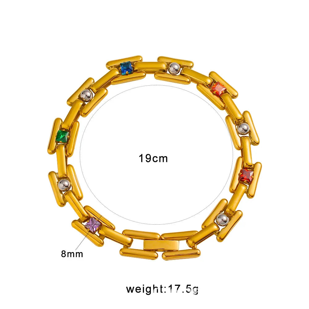 S&S Elegant Stylish Colorful Zircons Bracelet Necklace Jewelry Set Stainless Steel with Real Gold PVD Plating Wedding Gift