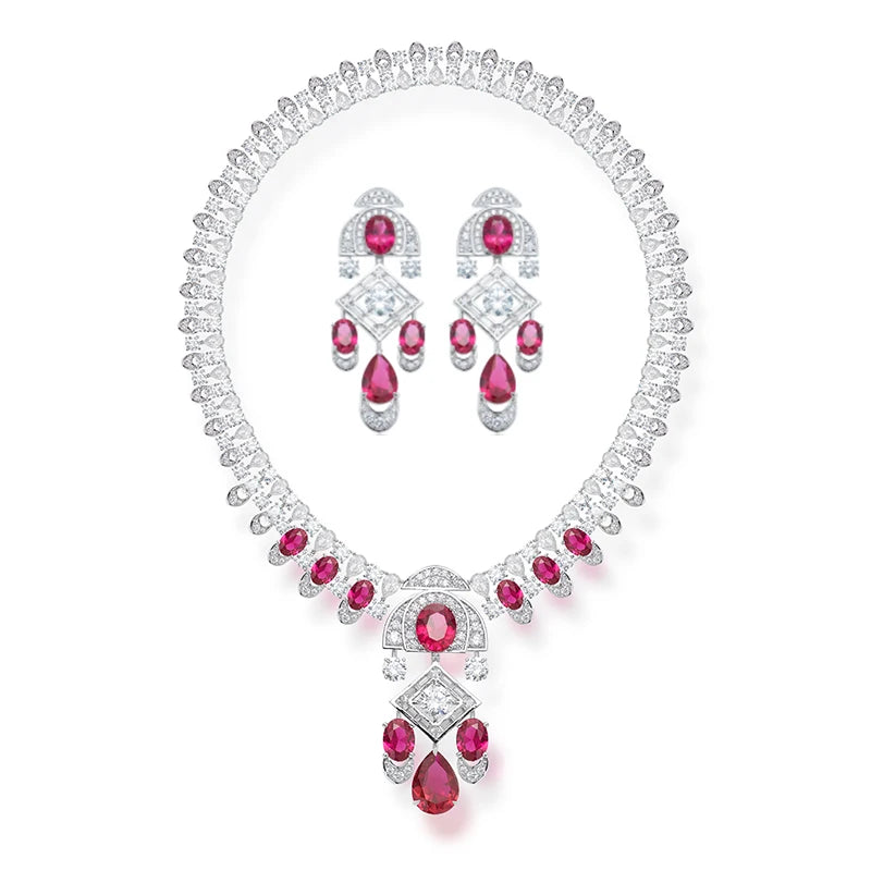 Classic High-end Brass Necklace and Earrings Featuring Zircon Retro Style Suitable for Rhodium Plating at Weddings and Parties