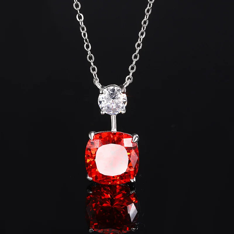 Gemfiori European and American Light Luxury Inlaid square Red Zircon Sugar Pendant Ring Earring Set Bride Wedding Accessories
