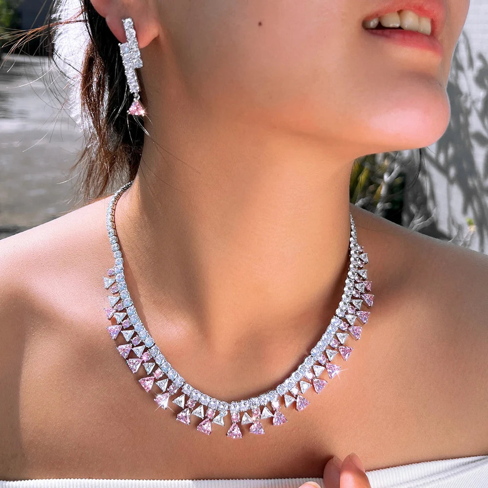 Shinning Triangle Shape Cubic Zirconia White and Pink Luxury Jewelry Set for Women Gathering Party Necklace and Earrings Set