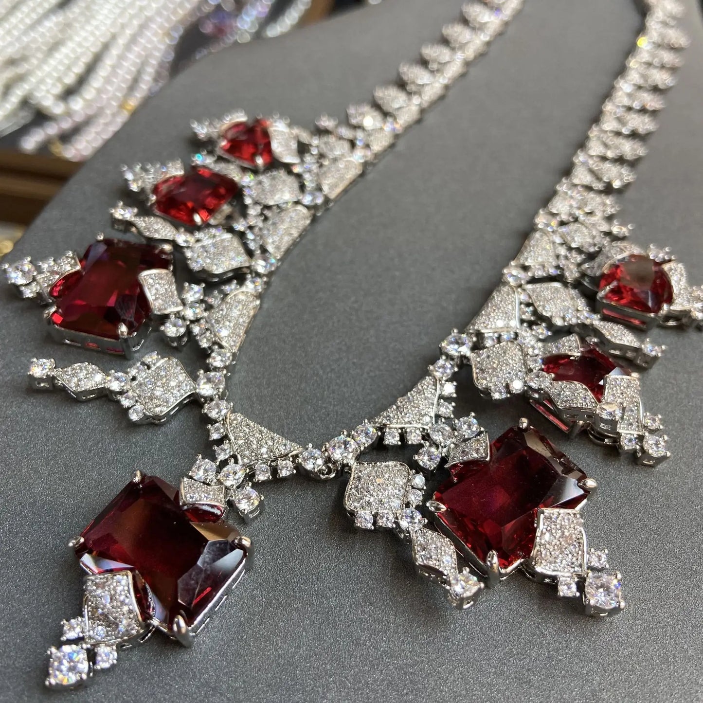 Luxury Princess-Cut Ruby Zirconia Claw-Set Necklace & Earrings Bridal Set — Rhodium Plated