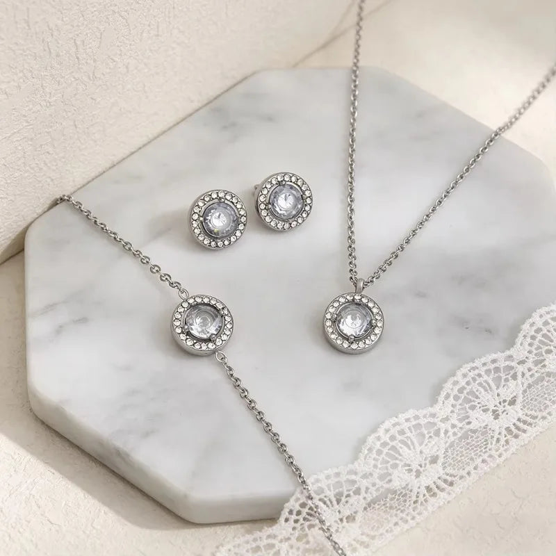 S&S Stainless Steel Round Zircon Necklace, Bracelet & Earring Set – Collection