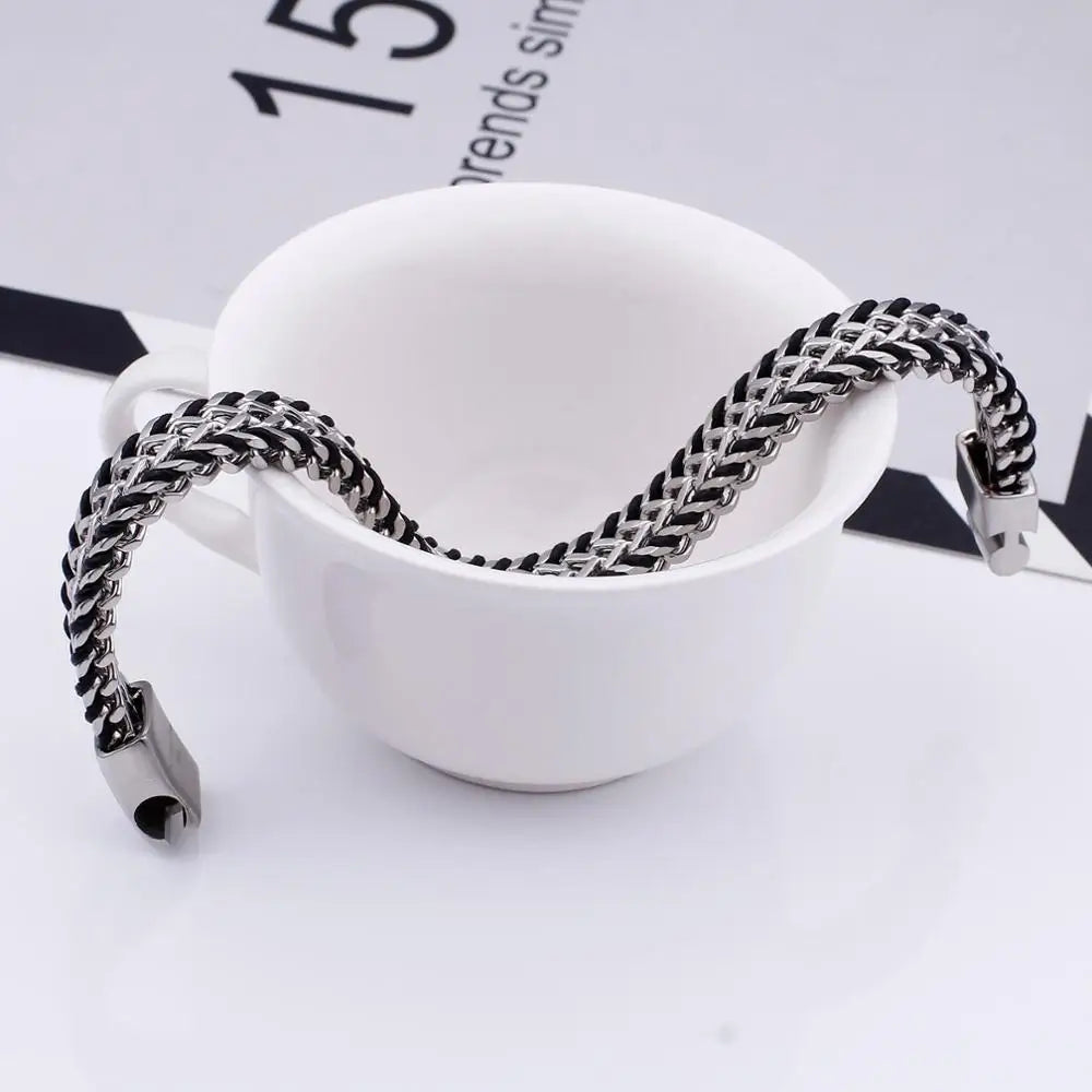 KALEN Stainless Steel Fashion Double Layer 11mm Width Mesh Link Chain Wrist Bracelets for Men