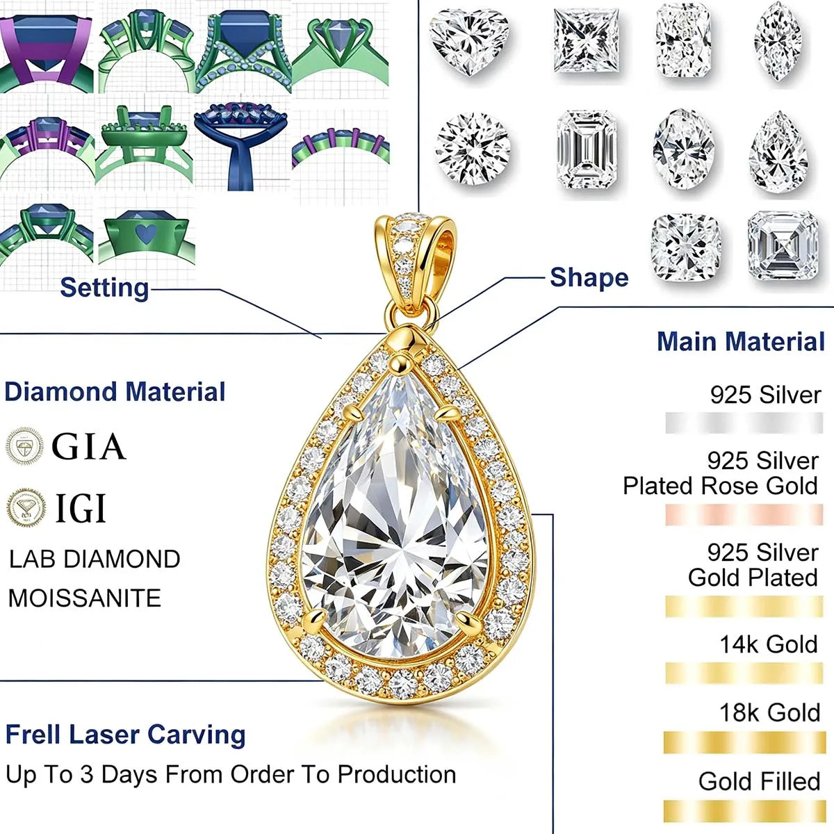 Gioiellieri Real 14K Gold Marquise 0.5ct Moissanite Pendant Necklace Gold Plated Chain Factory OEM ODM Fine Jewelry