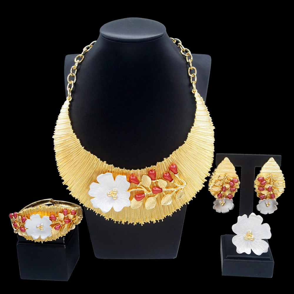 Zhuerrui Italian Big Block Pattern Jewelry Set Copper Real Gold Plated Jewelry Sets Luxury Western Wedding Jewellery Gift H00497