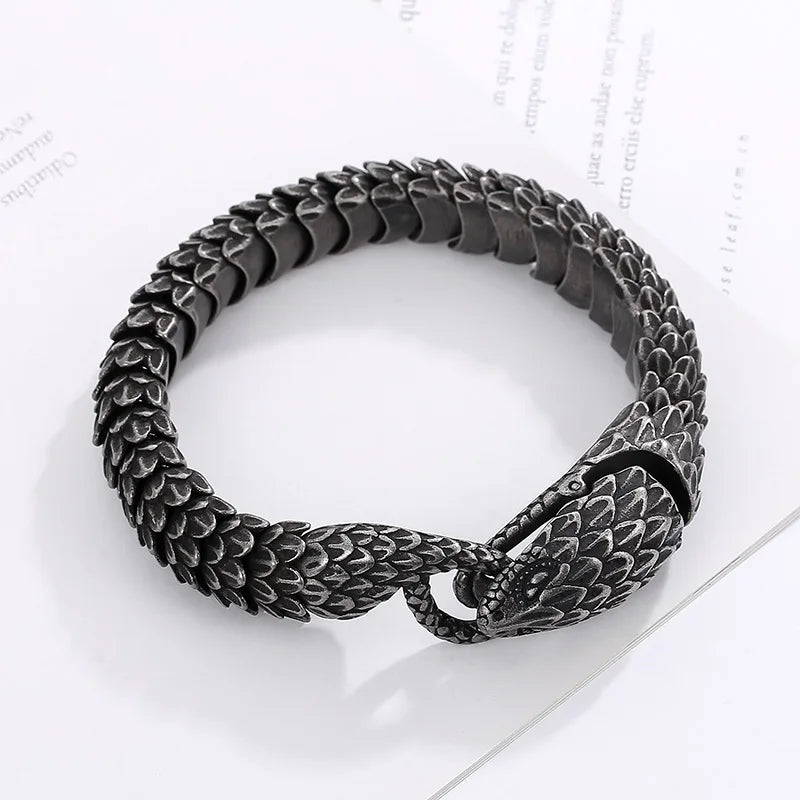 REBEL 220mm Men Punk Oxidized Black/Silver/Gold Stainless Steel Feathers Snake Links Bracelet