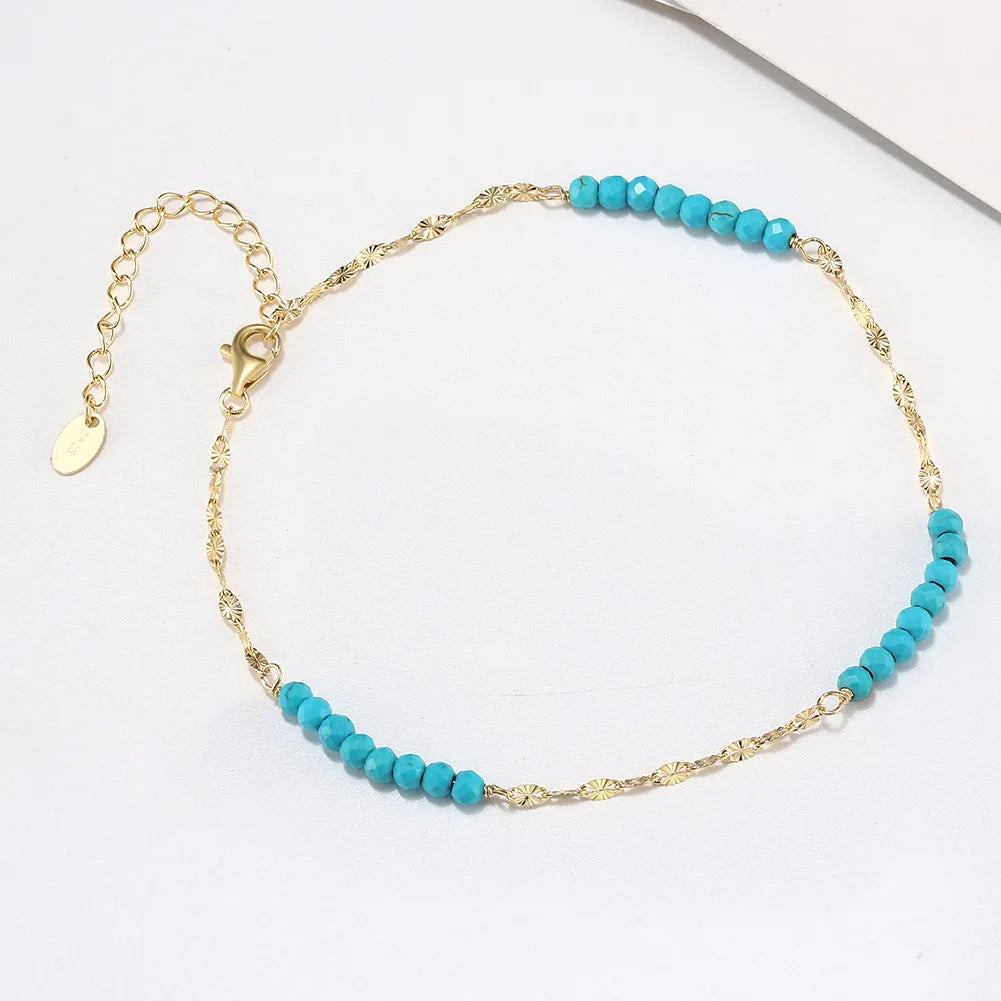 RINNTIN SA85 High Quality Anklet Jewelry 14K Gold Plated Water Wave Chain Turquoise Beaded Charms Leg Chain Anklets