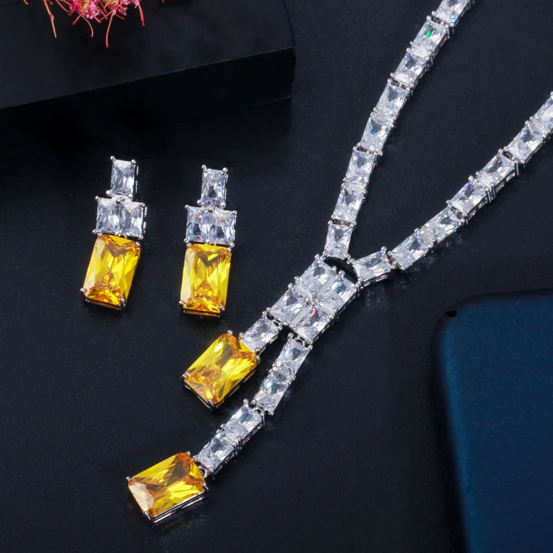 High Quality Shiny White Yellow Cubic Zircon Necklace and Earrings Party Wedding Jewelry Set for Women